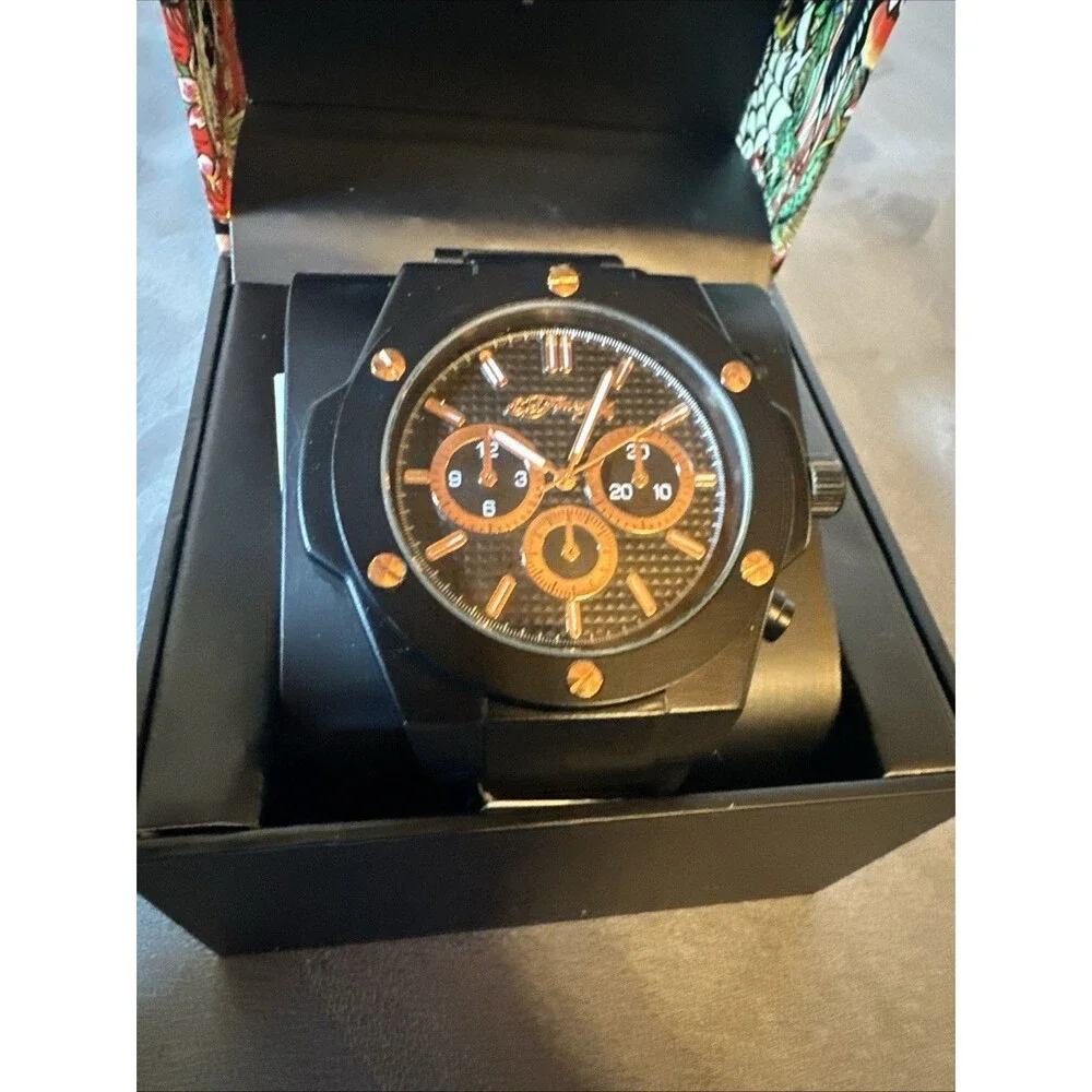 Ed Hardy Watch New In Box Black Stainless Steel Rose Gold Quartz Screw Accent